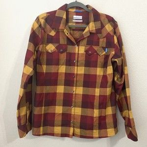 Columbia Omni-wick Womens Shirt Sz XL Plaid Western Orange Red Snap Front